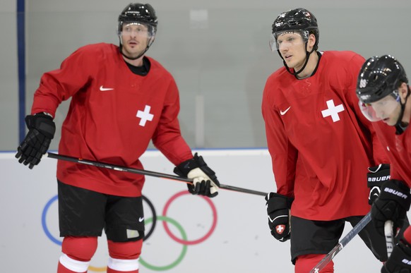 Mark Streit und Damien Brunner im Training der Nationalmannschaft.