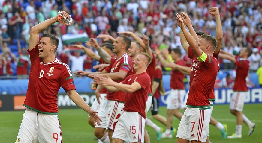 Adam Szalai (L) and other Hungarian players celebrate after the soccer Euro 2016 Group F third round match Hungary vs Portugal in Stade de Lyon in Lyon, France, Wednesday, June 22, 2016. The match end ...