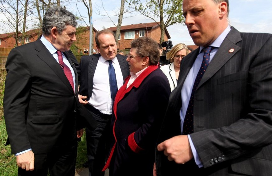 ROCHDALE, ENGLAND - APRIL 28: Prime Minister Gordon Brown talks with resident Gillian Duffy on April 28, 2010 in Rochdale, England. The General Election, to be held on May 6, 2010 is set to be one of  ...