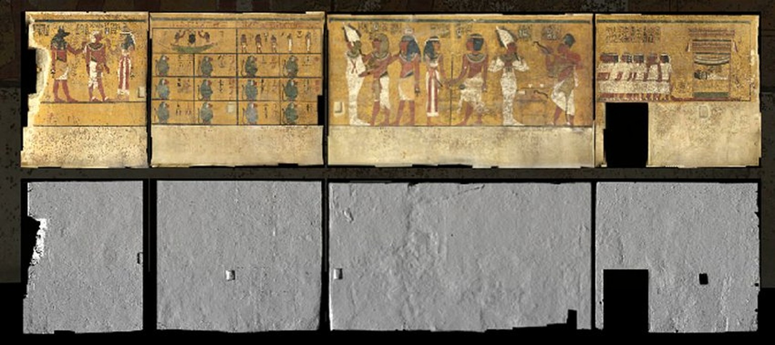 Malereien in Tutanchamuns Grabkammer (oben: Wandgemälde, unten: Oberflächenstruktur): Der Archäologe Nicholas Reeves hat im August 2015 eine aufsehenerregende These präsentiert – möglicherweise war da ...