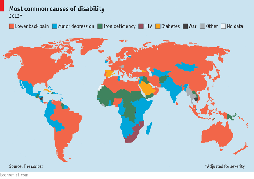 Rot = Rückenschmerzen, blau = Depression, grün = Eisenmangel, lila = HIV, orange = Diabetes.