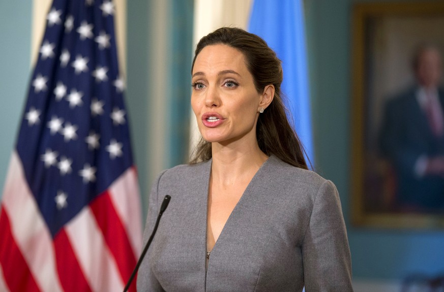 FILE - In this Monday, June 20, 2016, file photo, United Nations High Commissioner for Refugees Special Envoy Angelina Jolie speaks to reporters during a meeting with Secretary of State John Kerry at  ...
