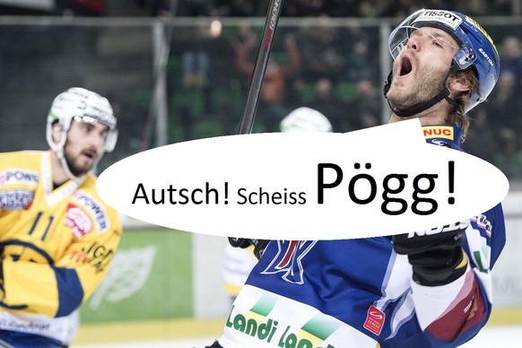 Biels Ahren Spylo, jubelt zum 3:1, Davos&#039; Luca Camperchioli, links, ist geschlagen, im Eishockeyspiel der National League A zwischen dem EHC Biel und dem HC Davos, am Freitag 30. Januar 2015, in  ...