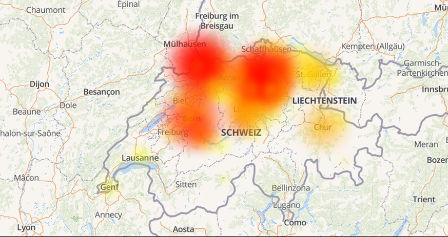 In den rot markierten Gebieten fiel während rund einer Stunde das Festnetz der Swisscom aus.