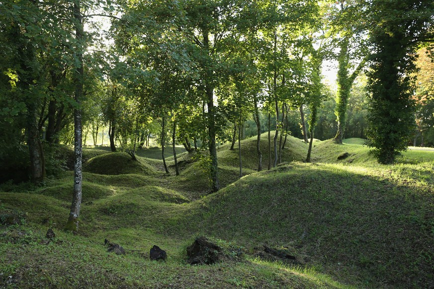 VERDUN, FRANCE - AUGUST 26: Sunlight highlights craters created by artillery bombardments during the fierce battle of Les Eparges hill during World War I on August 26, 2014 near Verdun, France. The Ge ...