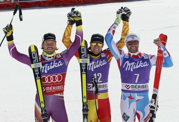 Kjetil Jansrud, Dustin Cook und Brice Roger feiern (v.l.n.r.).