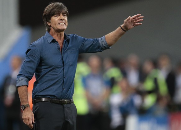 Germany coach Joachim Loew gives indications during the Confederations Cup final soccer match between Chile and Germany, at the St.Petersburg Stadium, Russia, Sunday July 2, 2017. (AP Photo/Ivan Sekre ...