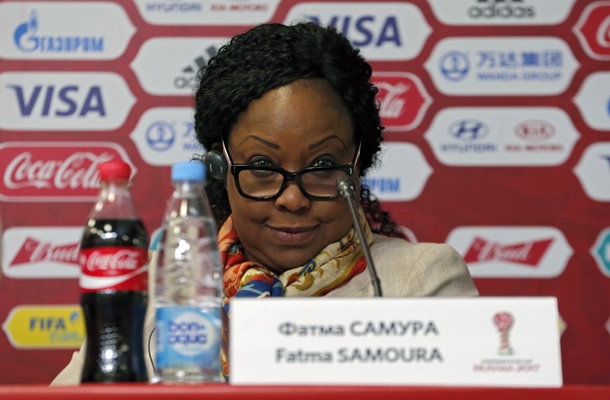 epa05926909 FIFA Secretary General Fatma Samoura of Senegal attends a press conference during the Russia 2018 LOC Board meeting with FIFA participation at the Krestovsky Island in St. Petersburg, Russ ...