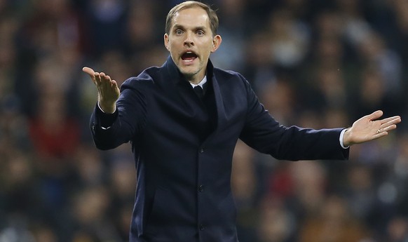 Dortmund&#039;s head coach Thomas Tuchel protests during the Champions League, Group F, soccer match between Real Madrid and Borrusia Dortmund at the Santiago Bernabeu stadium in Madrid, Spain, Wednes ...