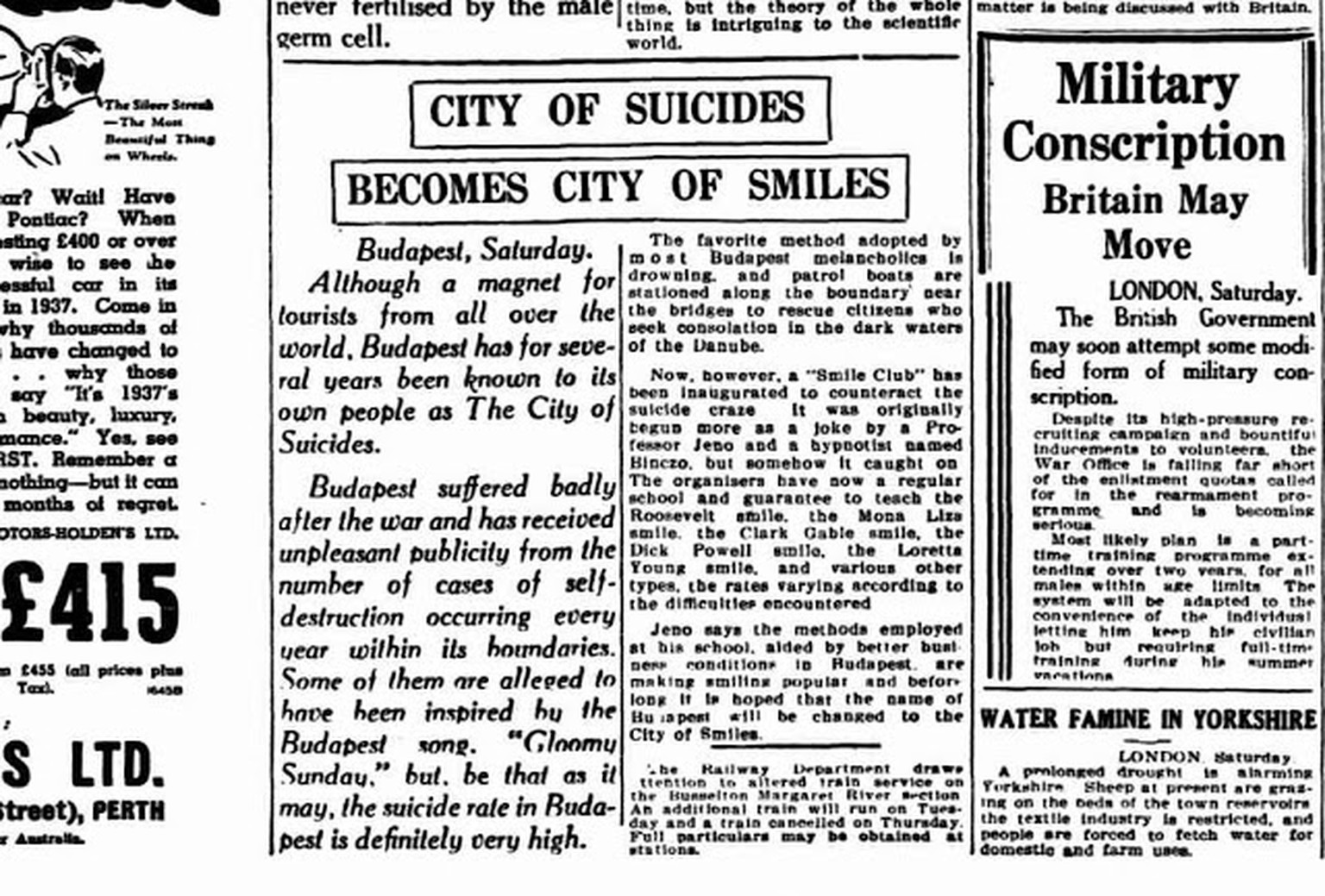 Zeitungsartikel der australischen «Sunday Times», 1937: Viele glaubten damals, dass der Song «Gloomy Sunday» – bekannt wurde er auch unter dem Namen «Lied der Selbstmörder» – an der hohen Suizidrate m ...