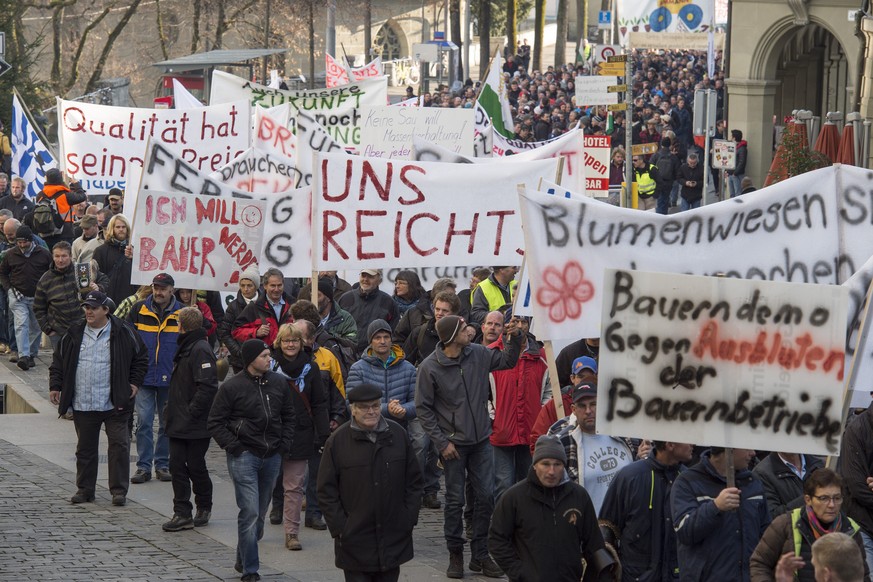 Rund 10'000 Bauern haben am 27. November 2015 in Bern auf dem Bundesplatz gegen Sparmassnahmen protestiert.&nbsp;