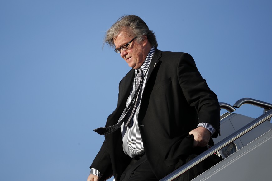 FILE - In this April 9, 2017 file photo, White House chief strategist Steve Bannon steps off Air Force One at Andrews Air Force Base, Md. Bannon, a forceful but divisive presence in President Donald T ...