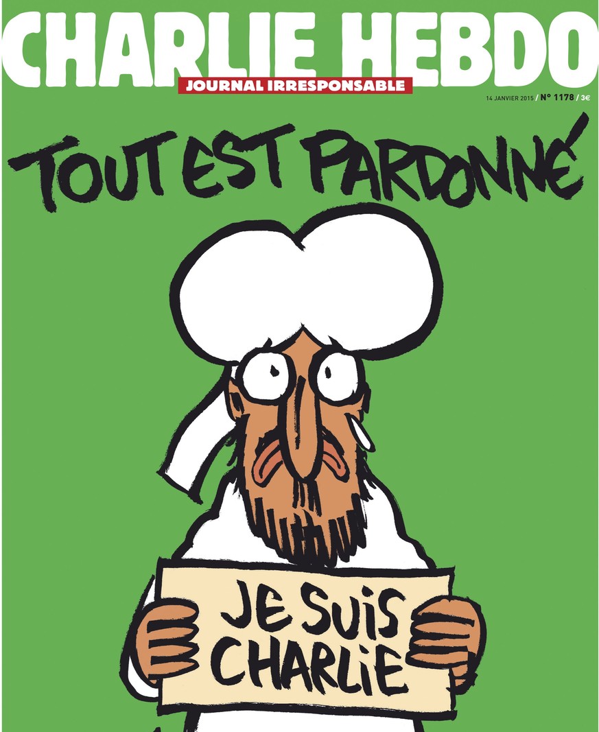 Das Cover von «Charlie Hebdo» nach den Anschlägen auf die Redaktionsräume vor eineinhalb Wochen: «Alles ist vergeben», Mohammed mit «Je Suis Charlie»-Transparent.