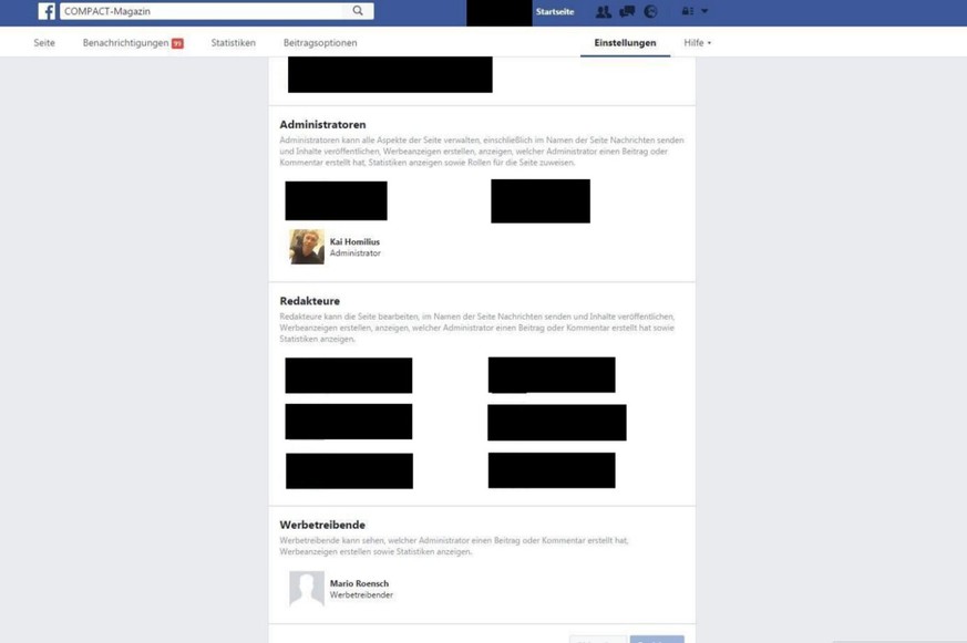Der interne Admin-Bereich der Facebook-Seite des «Compact»-Magazins – demnach mit Mario Roensch in der Rolle des Werbetreibenden.