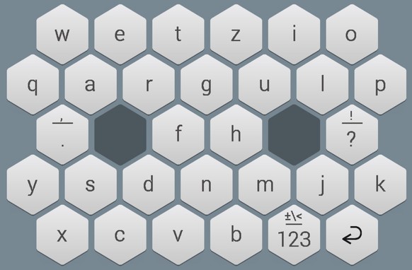 Die Buchstaben sind im Sechseck angeordnet, in der Mitte befinden sich zwei Leertasten.
