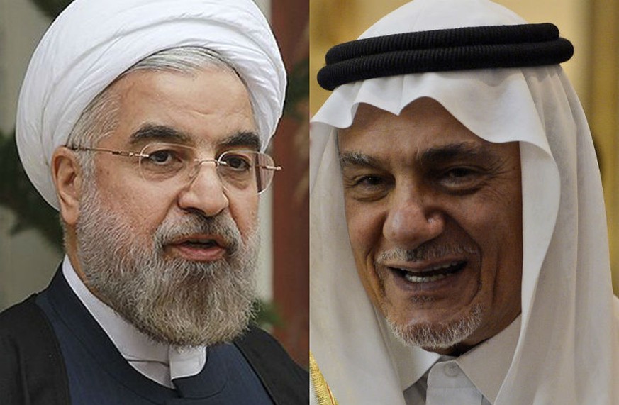 Irans Präsident Hassan Ruhani (links) und Prinz Turki al Faisal al Saud, ehemaliger Geheimdienstchef von Saudi-Arabien und Anwärter auf den Königsthron.