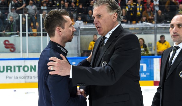 12.04.2016; Lugano; Eishockey Playoff Final - HC Lugano - SC Bern; Trainer Doug Shedden (R, Lugano) und Trainer Lars Leuenberger (L, Bern)
(Michela Locatelli/freshfocus)