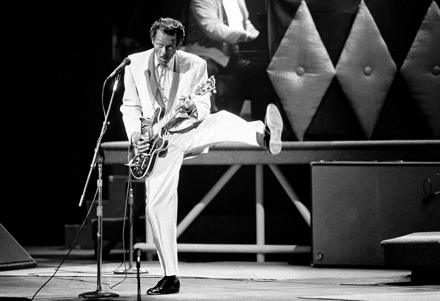 FILE - In this Oct. 17, 1986 file photo, Chuck Berry performs during a concert celebration for his 60th birthday at the Fox Theatre in St. Louis, Mo. On Saturday, March 18, 2017, police in Missouri sa ...