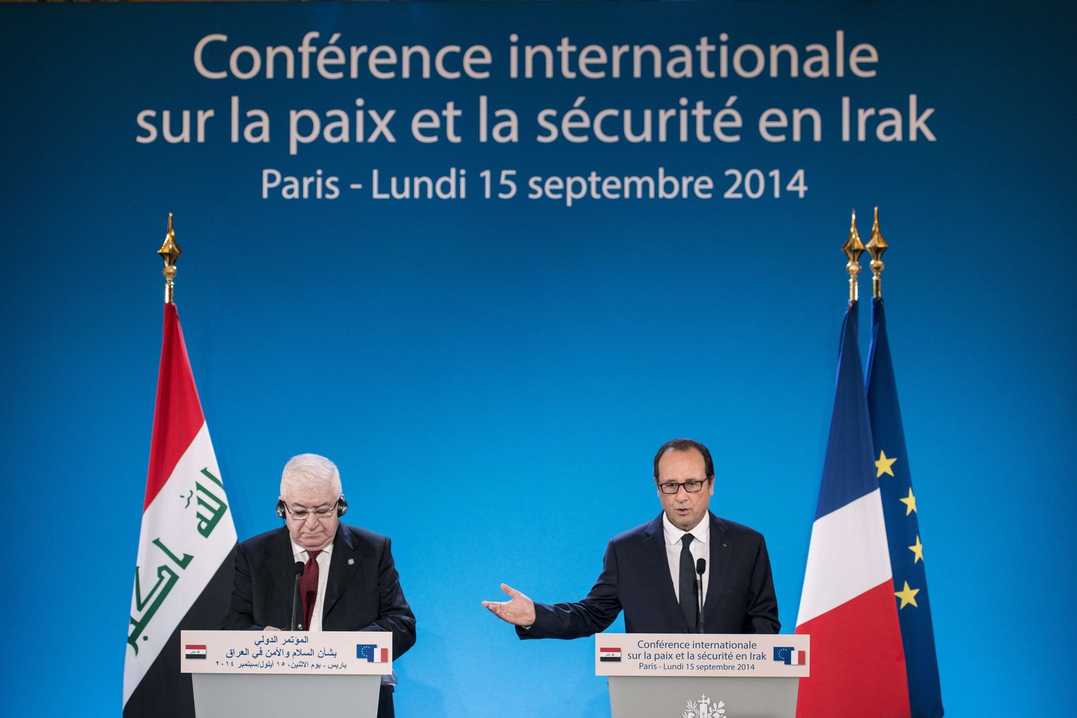 Frankreichs Präsident Francois Hollande spricht an der Internationalen Konferenz für Frieden und Sicherheit im Irak – neben ihm der irakische Präsident Faud Masum.