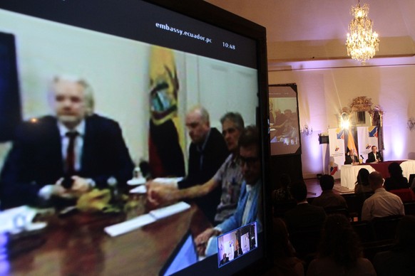 Assange während einer Videokonferenz mit dem ecuadorianischen Aussenminister&nbsp;Ricardo Patino am 19. Juni 2014.