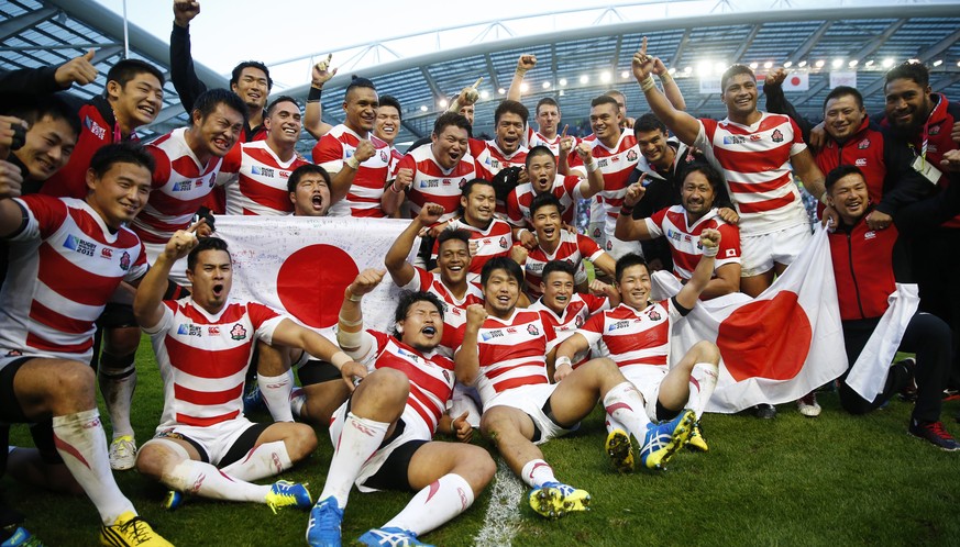 Rugby Union - South Africa v Japan - IRB Rugby World Cup 2015 Pool B - Brighton Community Stadium, Brighton, England - 19/9/15
Japan celebrate victory after the match
Reuters / Eddie Keogh
Livepic