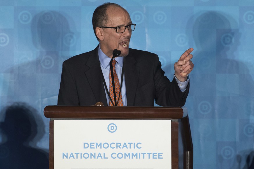 Former Labor Secretary Tom Perez, who is a candidate to run the Democratic National Committee, speaks during the general session of the DNC winter meeting in Atlanta, Saturday, Feb. 25, 2017. (AP Phot ...