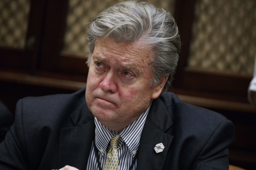 FILE - In this Feb. 7, 2017 file photo, White House chief strategist Steve Bannon is seen in the Roosevelt Room of the White House in Washington. The White House on March 31, was set to release financ ...
