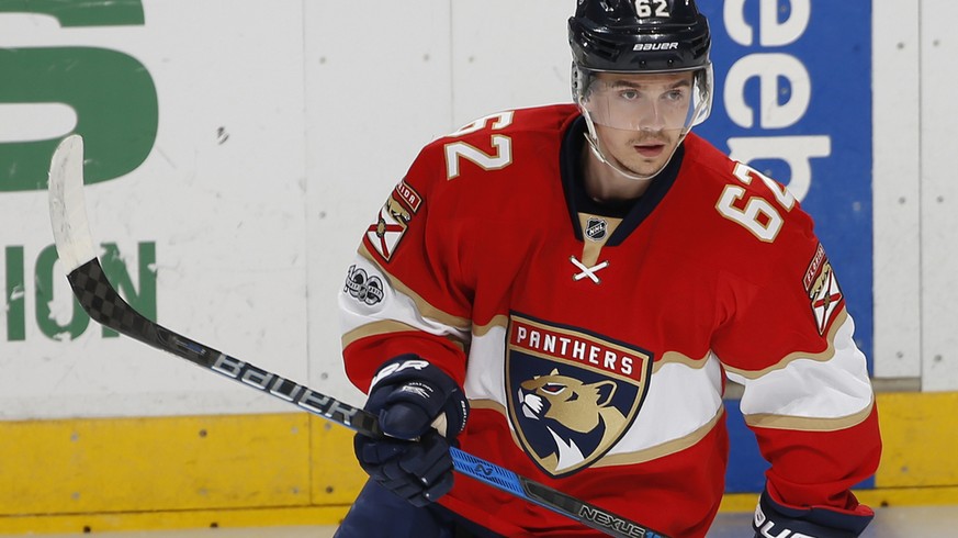 Florida Panthers center Denis Malgin (62) skates prior to an NHL hockey game against the St. Louis Blues, Thursday, April 6, 2017, in Sunrise, Fla. The Blues defeated the Panthers 6-3. (AP Photo/Joel  ...