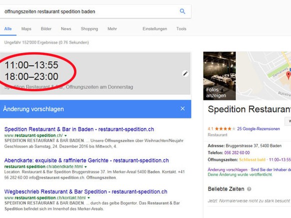 Mit Erfolg! Nach ein paar Klicks schliesst das Restaurant auf Google mittags fünf Minuten früher.