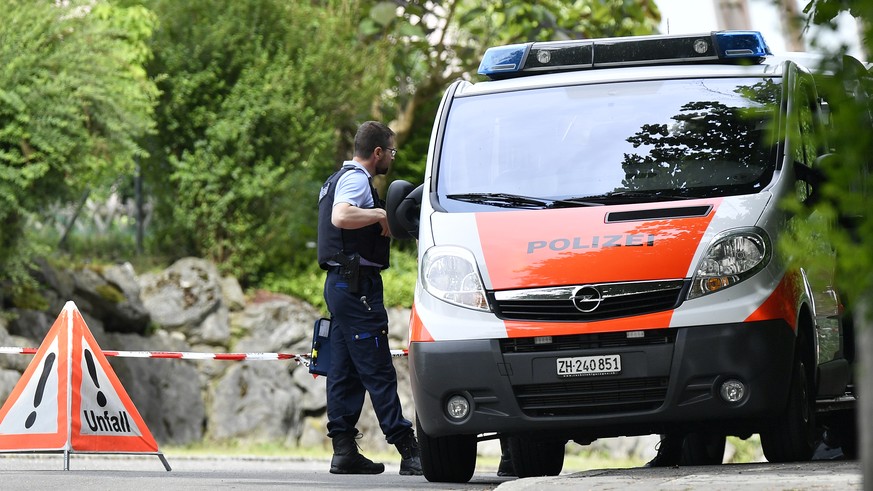 Schwer bewaffnete Polizei vor einer Wohnung am Herracherweg in Uster am Freitag, 9. Juni 2017. Seit gestern Donnerstag verschanzt sich ein Rentner in Uster in seinem Reiheneinfamilienhaus. Die Polizei ...