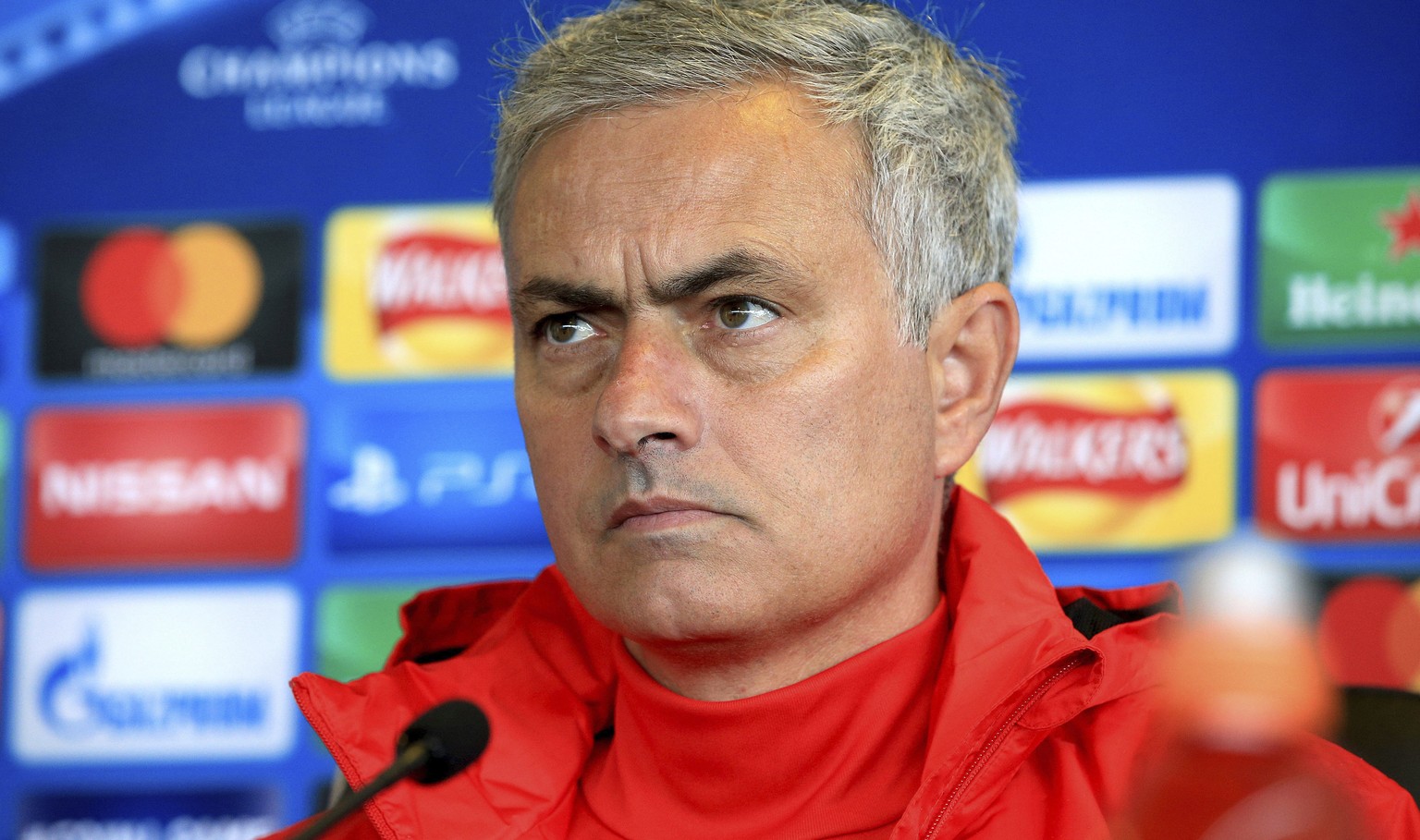 Manchester United manager Jose Mourinho pauses during a press conference at their training ground in Carrington, Manchester, England Monday Sept. 11, 2017. United are preparing for their Champions Lea ...