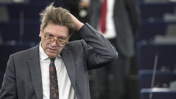 The European Parliament&#039;s lead Brexit negotiator Guy Verhofstadt reacts at the European Parliament during the plenary session Wednesday, March 15, 2017 in Strasbourg, eastern France. European Cou ...