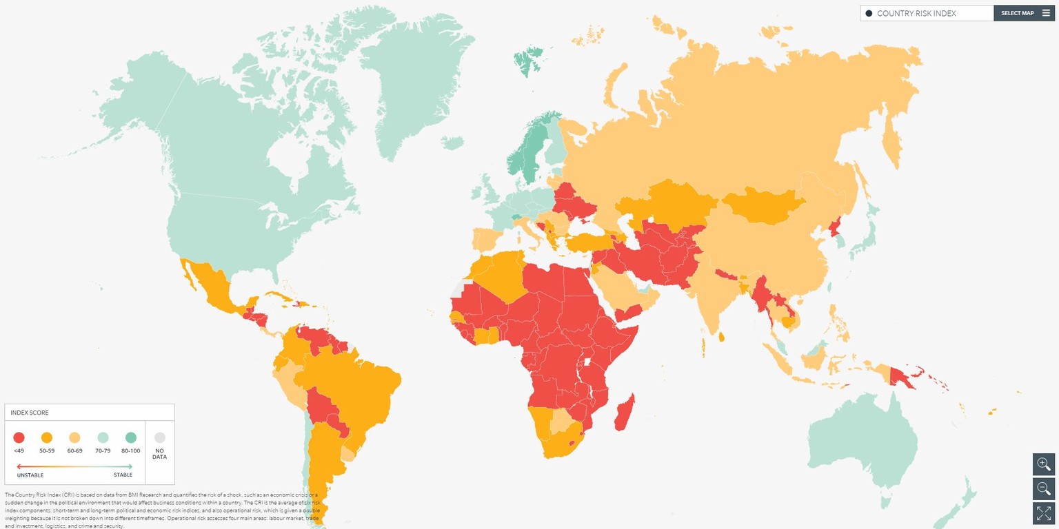 Staabilität: Welt-Risikokarte 2017, Political Risk Map, Marsh