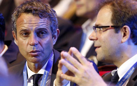 epa05510201 Bernhard Heusler, President of the FC Basel (L) and Georg Heitz, Sports director of FC Basel (R) attend the draw ceremony for the UEFA Champions League 2016/17, at Grimaldi Forum, in Monte ...