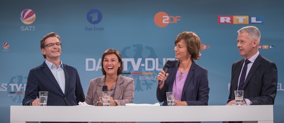 epa06176511 German TV journalists Claus Strunz (L-R), Sandra Maischberger, Maybrit Illner and Peter Kloeppel during a press conference on the upcoming TV duel of German Chancellor Angela Merkel and Ch ...