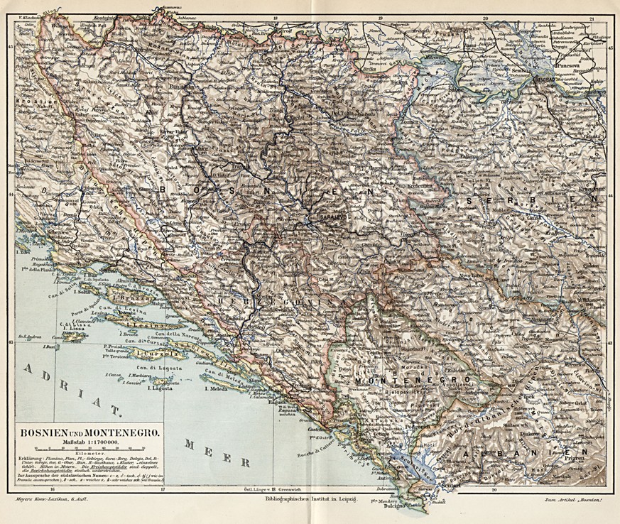 Bosnien und Montenegro auf einer Karte aus dem «Brockhaus»-Lexikon von 1911.