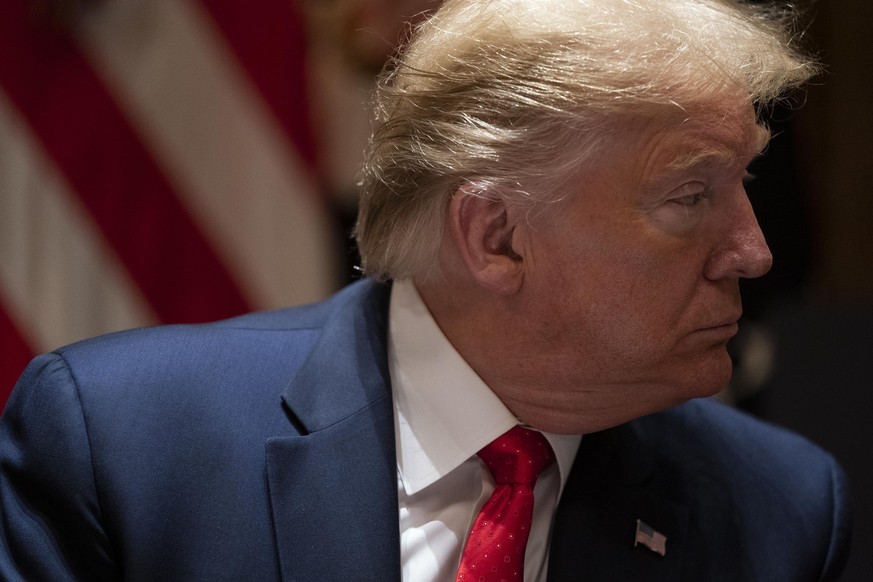 President Donald Trump speaks during a meeting with Arkansas Gov. Asa Hutchinson, and Kansas Gov. Laura Kelly, in the Cabinet Room of the White House, Wednesday, May 20, 2020, in Washington. (AP Photo ...