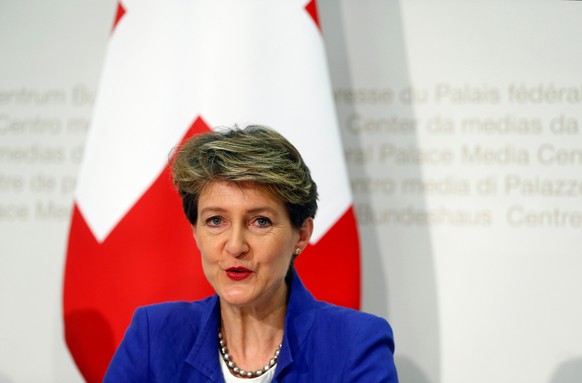 Swiss Justice Minister Simonetta Sommaruga attends a news conference after Switzerland vote on a referendum on a proposal to introduce a guaranteed basic income for everyone living in the country in B ...
