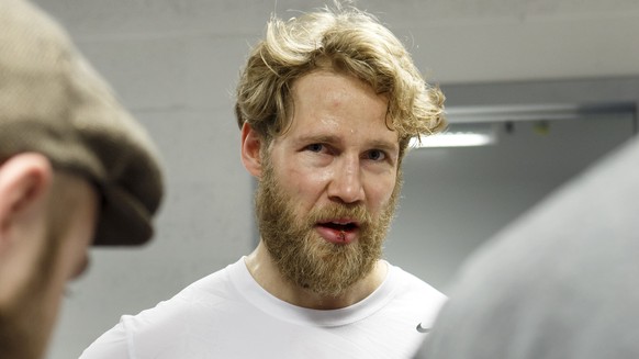 Switzerland&#039;s Timo Helbling speaks to the reporters during a media briefing of the Switzerland national team, at the IIHF 2015 World Championship, at the O2 Arena, in Prague, Czech Republic, Mond ...