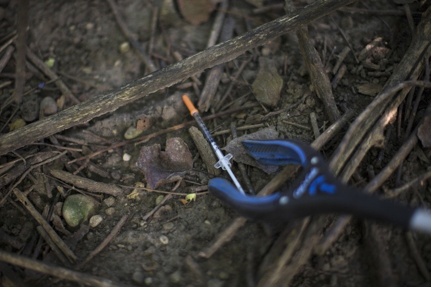 In this Thursday, Sept. 17, 2015, photo, a loaded heroin syringe is found in the underbrush of a wooded area in Combs Park in Hamilton, Ohio. The Centers for Disease Control and Prevention has called  ...