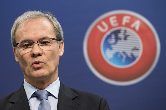 UEFA Competitions Director Giorgio Marchetti reacts during the draw of the third qualifying round of the UEFA Champions League 2016/17 at the UEFA Headquarters, in Nyon, Switzerland, Friday, July 15,  ...