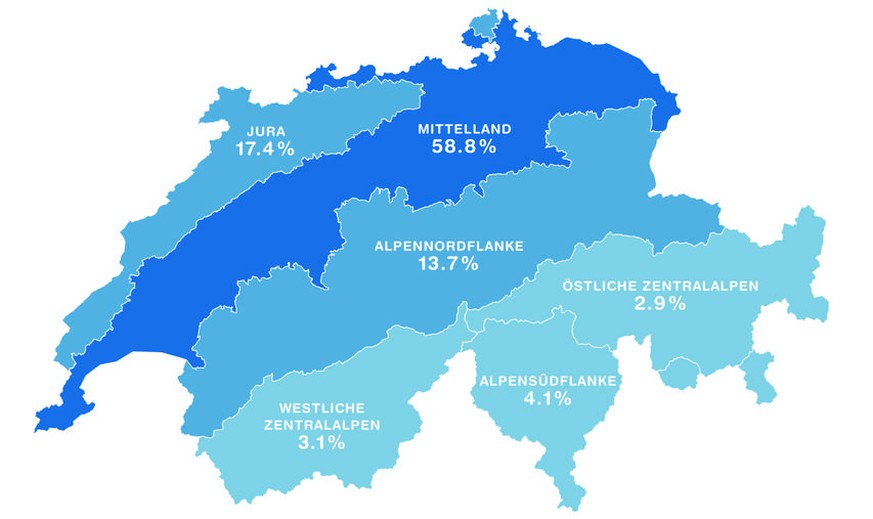 Die biogeografische Verteilung der in der ZHAW-App verzeichneten Zeckenstiche der Jahre 2015 und 2016. Markant: Das Mittelland verzeichnet rund 59 Prozent der Stichmeldungen.
© zVg.