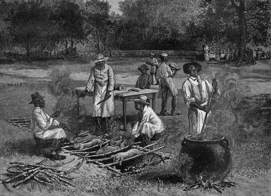 Ein südstaatliches Barbecue auf einem Holzstich, 1887.