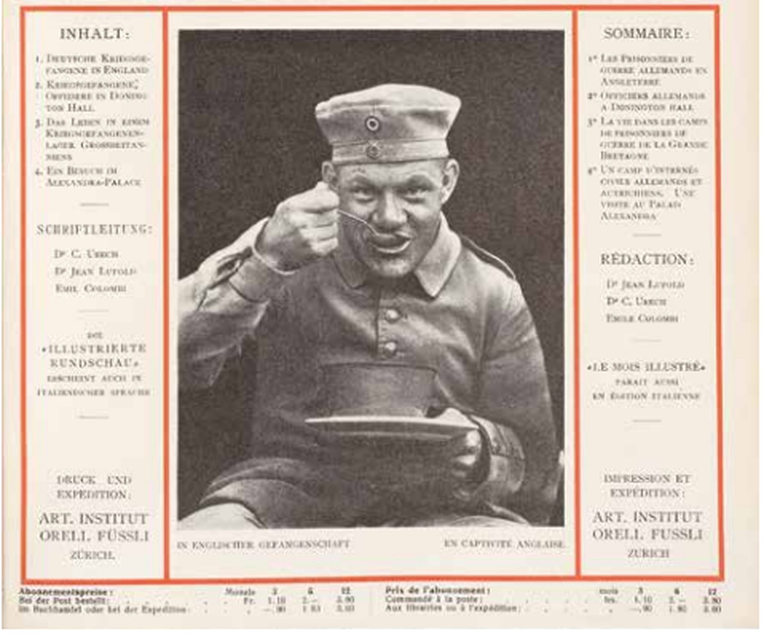 So schön haben es die Deutschen in Gefangenschaft! Die Titelseite der Illustrierten Rundschau zeigt einen fröhlich speisenden Deutschen in britischer Kriegsgefangenschaft, 1918.