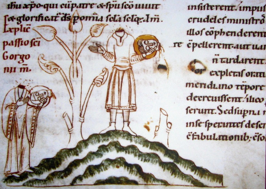 Älteste bekannte Darstellung der Zürcher Stadtheiligen Felix und Regula. Stuttgarter Passionale aus dem Jahr 1130, Württembergische Landesbibliothek Stuttgart.