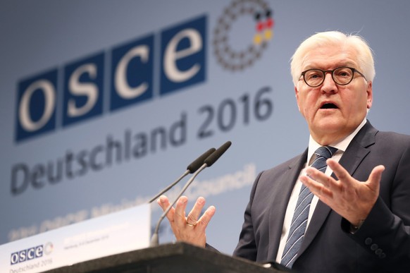 epa05665975 German Foreign Minister Frank-Walter Steinmeier speaks during the Organisation for Security and Co-operation in Europe (OSCE) Ministerial Council in Hamburg, Germany, 08 December 2016. Aro ...