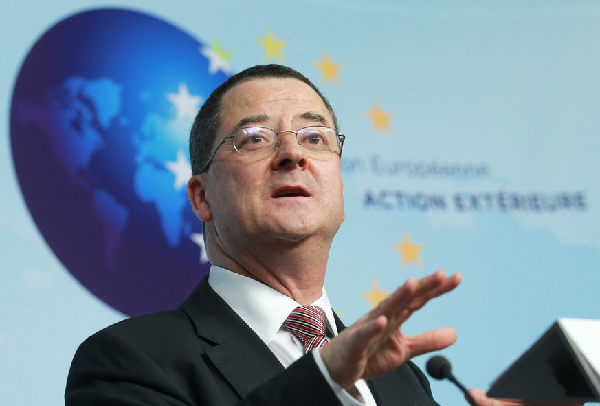 Yves Rossier, Swiss State Secretary at the Foreign Affairs Department addresses the media at the European External Action Service (EEAS) headquarters in Brussels, Thursday, Feb. 20, 2014. Rossier disc ...