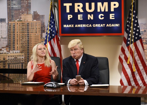 This Dec. 3, 2016 image released by NBC shows Kate McKinnon as Kellyanne Conway, left, and Alec Baldwin as President-elect Donald Trump during &quot;Saturday Night Live,&quot; in New York. Trump calle ...