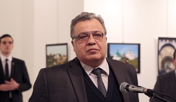 The Russian Ambassador to Turkey Andrei Karlov speaks a gallery in Ankara Monday Dec. 19, 2016. A gunman opened fire on Russia&#039;s ambassador to Turkey Karlov at a photo exhibition on Monday. The R ...