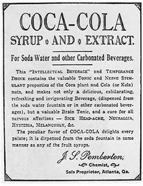 1886: Coca-Cola est vendu en tant que Sirop qui aide contre les maux de tête et l'hytérie.&nbsp;